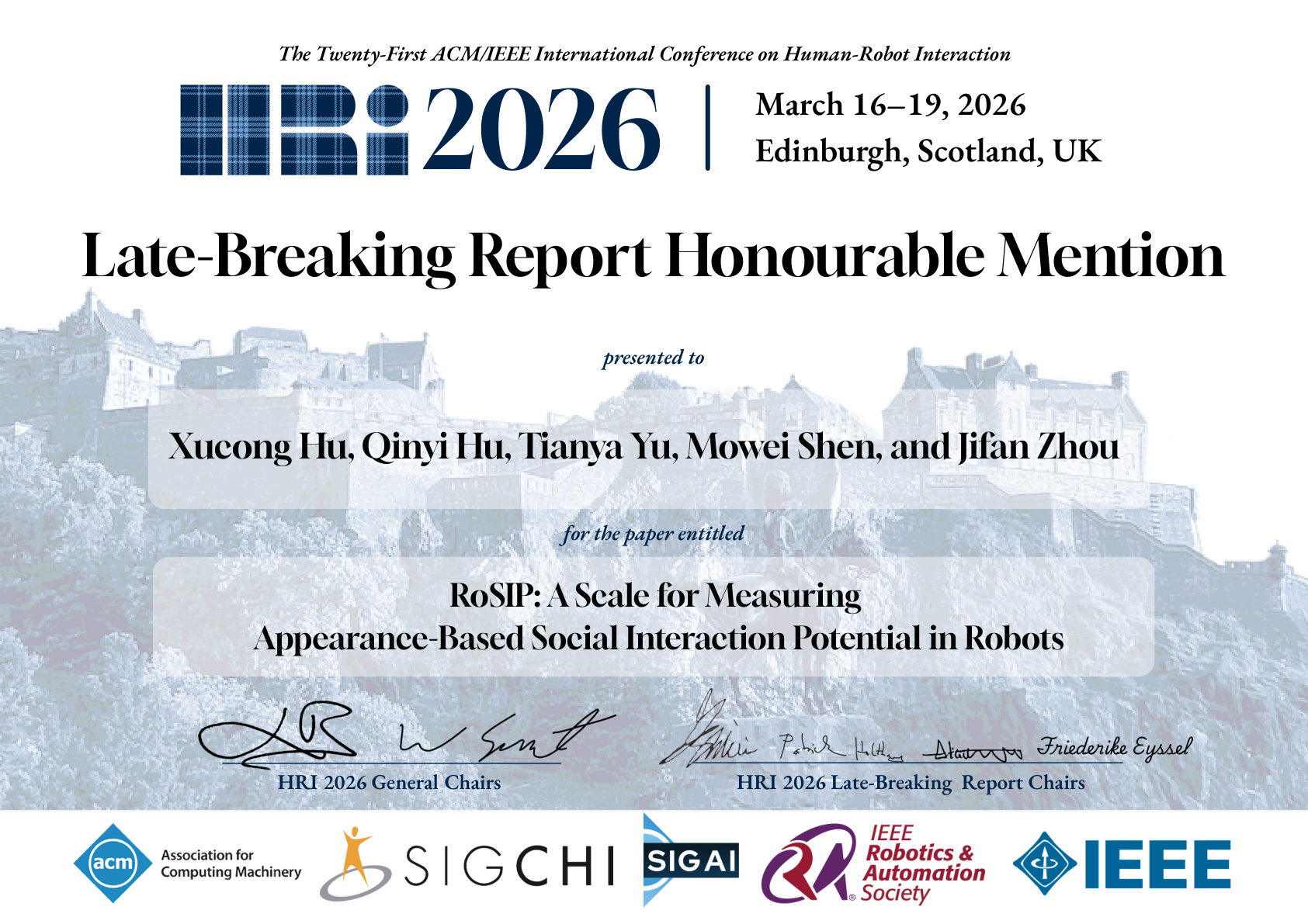 RoSIP Honorable Mention – HRI 2026